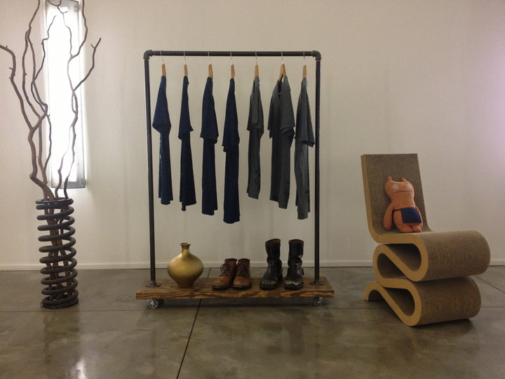 Distressed Wood Rolling Rack for Showroom in LA