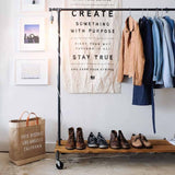 Monroe Trades Rolling Clothing Rack with Distressed Wood shelf for shoes