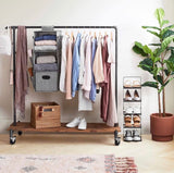 Rolling Clothing Rack with Distressed Wood Shelf