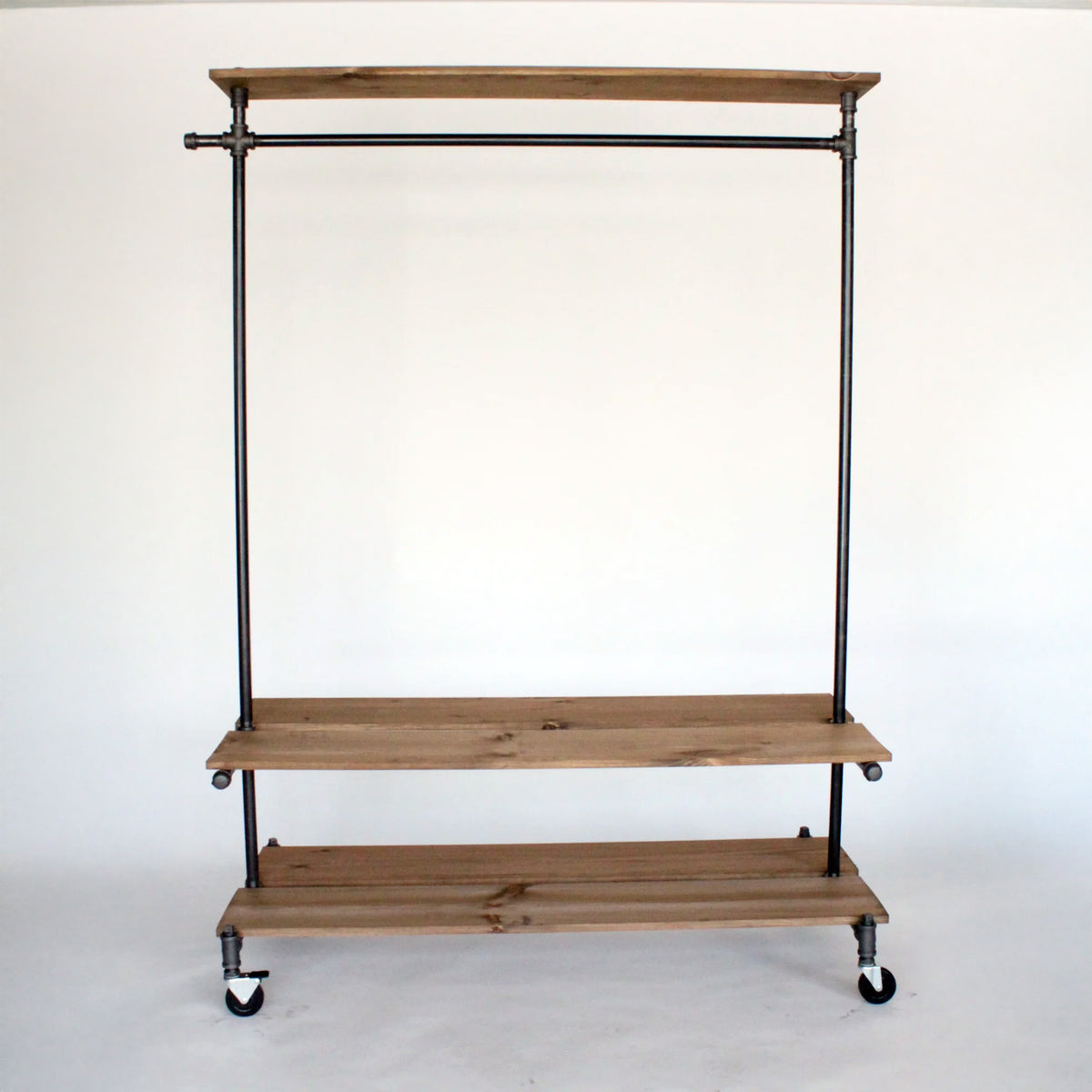 top shelf gear Rolling Clothing Rack with Top and 2 Bottom Distressed Wood Shelves