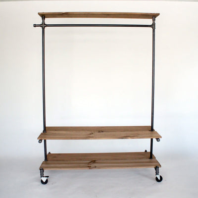 Rolling Clothing Rack with Top and 2 Bottom Distressed Wood Shelves