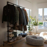 Rolling Clothing Rack with Distressed Wood Shelf