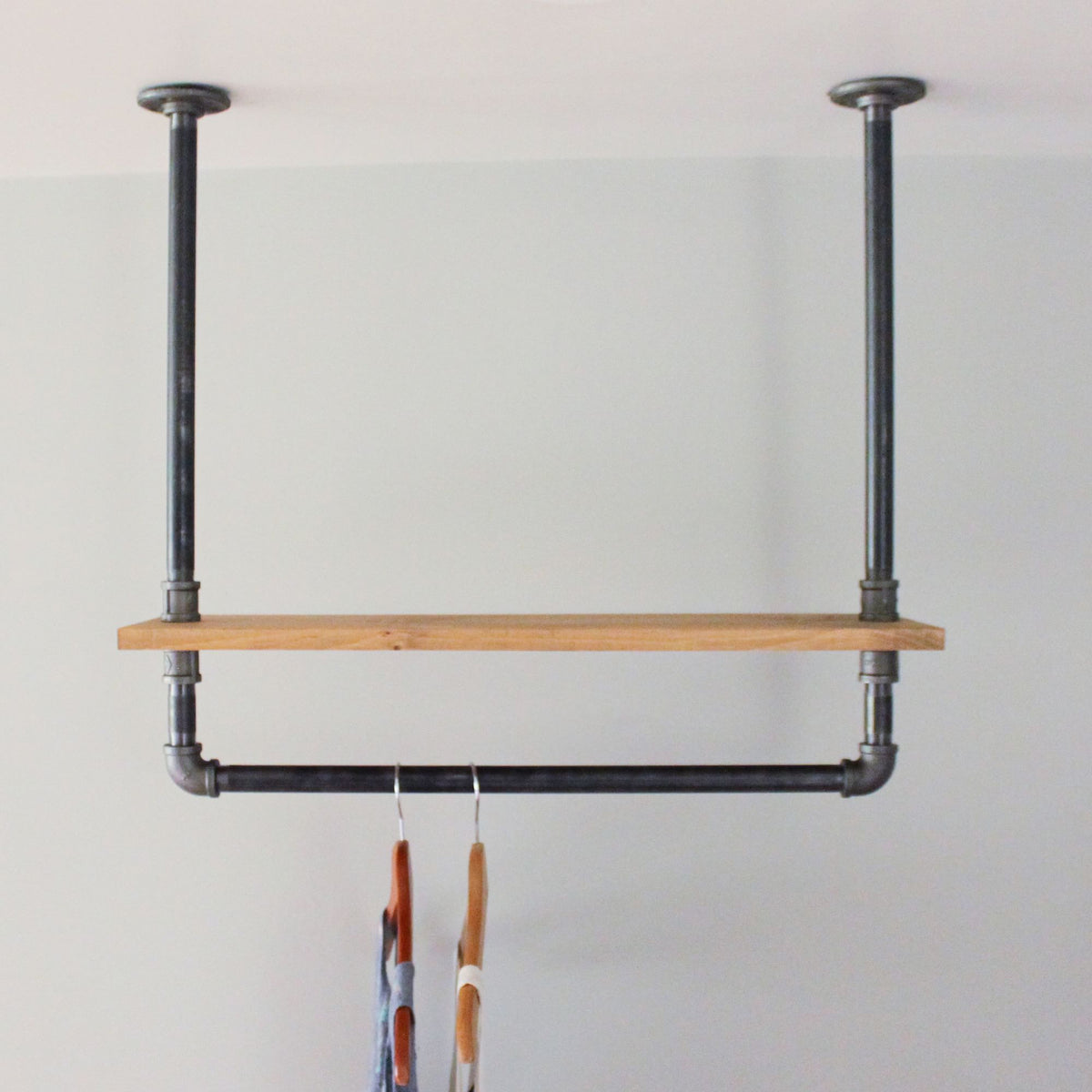 Ceiling Clothing Rack with Reclaimed Wood Shelf | Industrial Storage ...